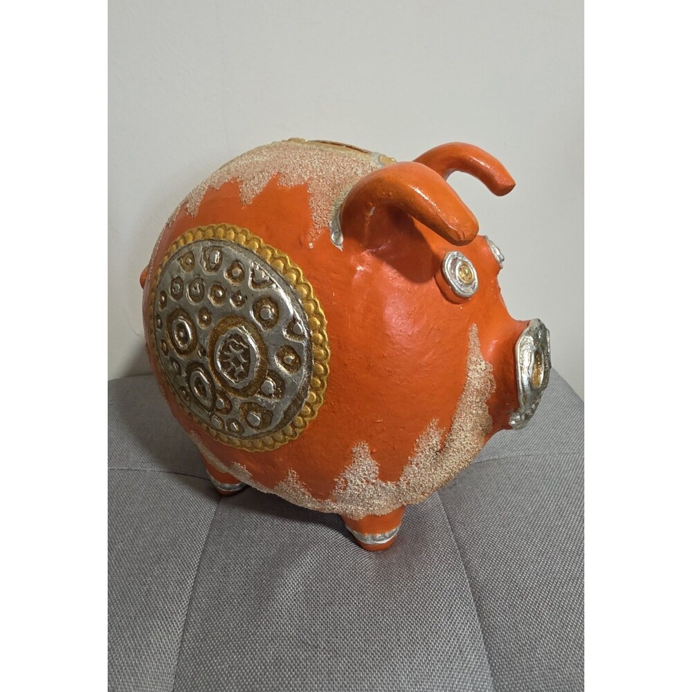 Rare Vintage MCM ChalkWare Pig Ornate Metallic Medallion Pig Large PiggyBank EuC